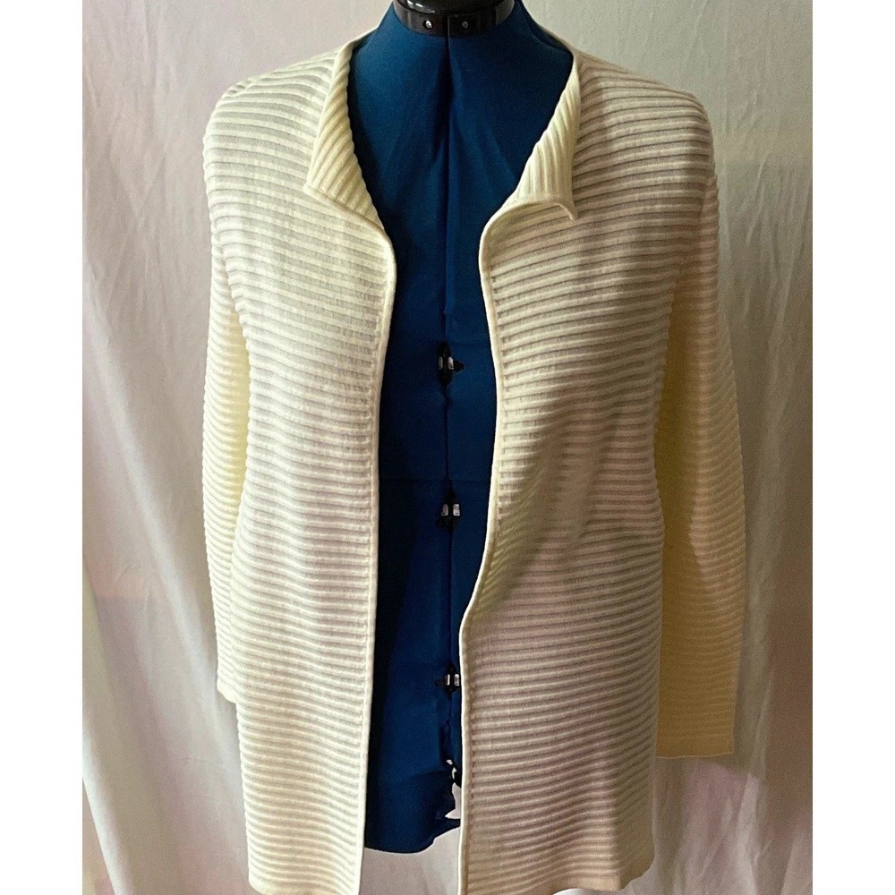 Talbots Women Ivory Striped Knit Open Front Cardigan Sweater S Longline Ribbed